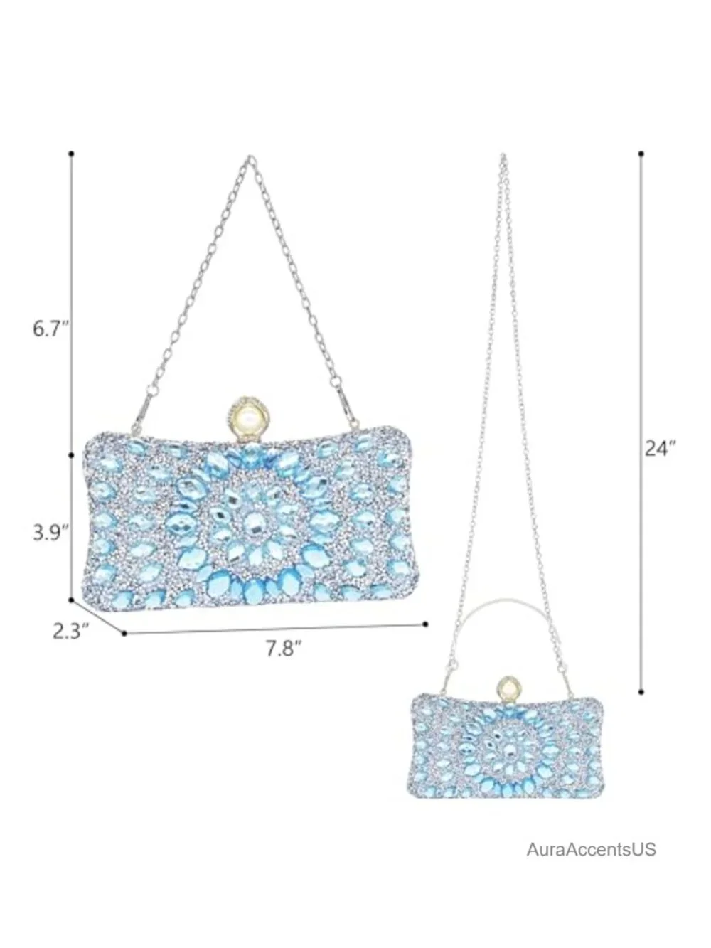 Crystal Rhinestone Clutch Evening Bag with Pearl Clasp and Detachable Chain